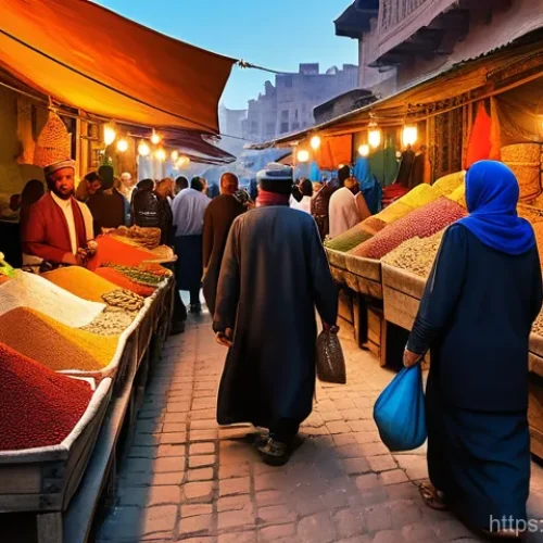 Home 20 리얼리즘 문학 분석 - A vibrant, realistic depiction of an old souk (market) in an Arab city, filled with diverse people e...