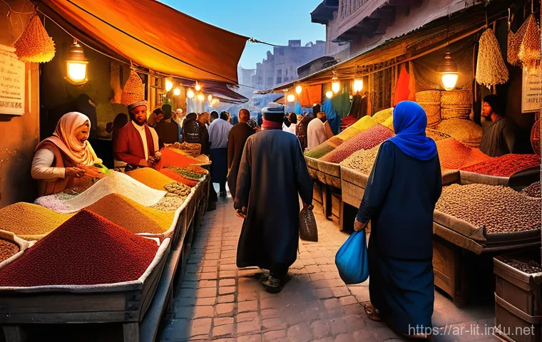 리얼리즘 문학 분석 - A vibrant, realistic depiction of an old souk (market) in an Arab city, filled with diverse people e...